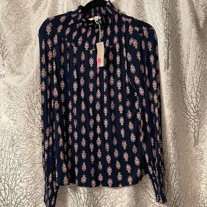 Boden Smocked Neck Navy Floral Jersey Top